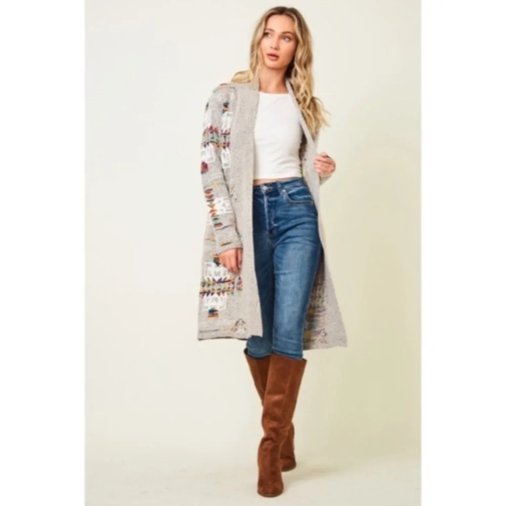 SOLD OUT Oatmeal Rainbow Multi Colored Aztec Tribal Jacquard Open Knit Cardigan - Picture 6 of 10
